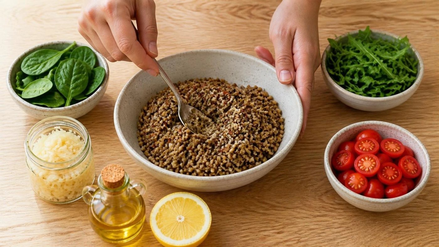 Mixing cooked quinoa and lentils in a speckled ceramic bowl, with spinach, rocket, tomatoes and sauerkraut around it