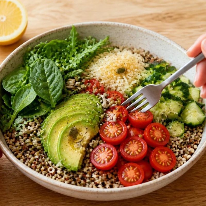 Power bowl of quinoa with spinach, rocket, sliced avocado, cherry tomatoes, cucumber and sauerkraut in a speckled ceramic bowl